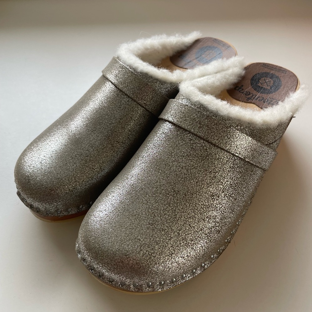 Troentorp Silver Wool-Trimmed Clogs Size 39